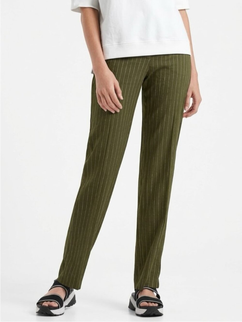Marc Cain Pinstripe Linen Pants Size N2 = US 4 Green Olive